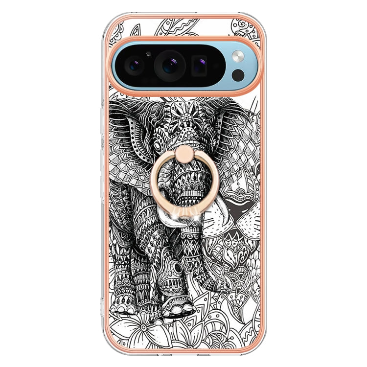 For Google Pixel 9 Pro XL Electroplating Dual-side IMD Phone Case with Ring Holder(Totem Elephant) by buy2fix