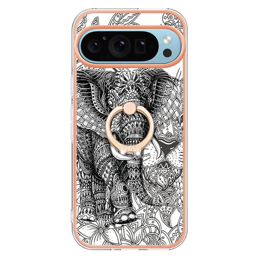 For Google Pixel 9 / 9 Pro Electroplating Dual-side IMD Phone Case with Ring Holder(Totem Elephant) by buy2fix