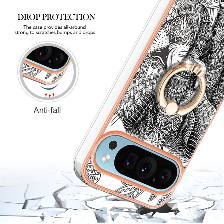 For Google Pixel 9 / 9 Pro Electroplating Dual-side IMD Phone Case with Ring Holder(Totem Elephant) by buy2fix