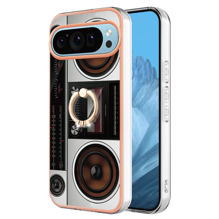 For Google Pixel 9 / 9 Pro Electroplating Dual-side IMD Phone Case with Ring Holder(Retro Radio) by buy2fix