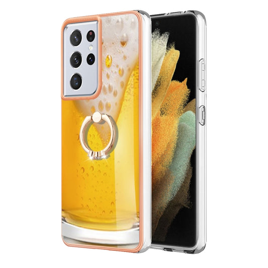 For Samsung Galaxy S21 Ultra 5G Electroplating Dual-side IMD Phone Case with Ring Holder(Draft Beer) by buy2fix