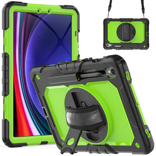 For Samsung Galaxy Tab S9 / S9 FE / S10 FE Lucky Wheel Grip Silicone Hybrid PC Tablet Case with Shoulder Strap(Black+Yellow Green)