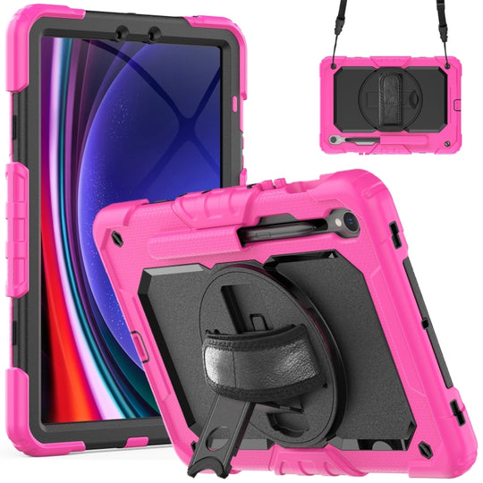 For Samsung Galaxy Tab S9 / S9 FE / S10 FE Lucky Wheel Grip Silicone Hybrid PC Tablet Case with Shoulder Strap(Rose Red+Black)