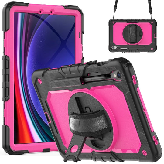 For Samsung Galaxy Tab S9 / S9 FE / S10 FE Lucky Wheel Grip Silicone Hybrid PC Tablet Case with Shoulder Strap(Black+Rose Red)