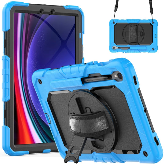 For Samsung Galaxy Tab S9 / S9 FE / S10 FE Lucky Wheel Grip Silicone Hybrid PC Tablet Case with Shoulder Strap(Light Blue+Black)