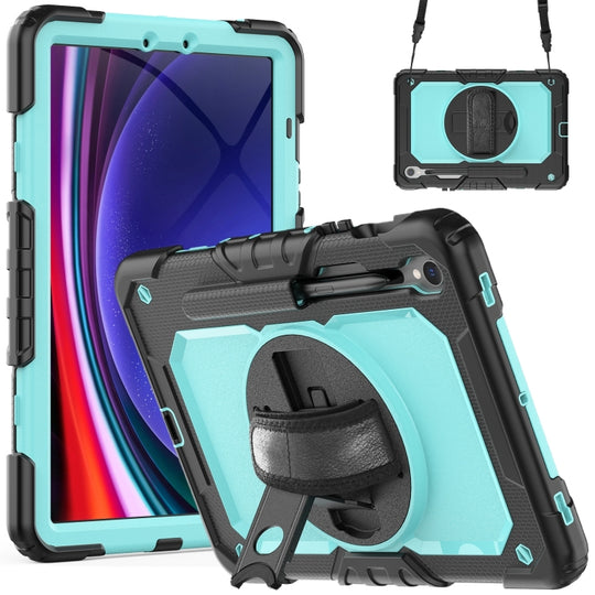 For Samsung Galaxy Tab S9 / S9 FE / S10 FE Lucky Wheel Grip Silicone Hybrid PC Tablet Case with Shoulder Strap(Black+Light Blue)