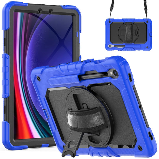 For Samsung Galaxy Tab S9 / S9 FE / S10 FE Lucky Wheel Grip Silicone Hybrid PC Tablet Case with Shoulder Strap(Dark Blue+Black)