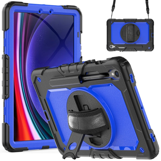 For Samsung Galaxy Tab S9 / S9 FE / S10 FE Lucky Wheel Grip Silicone Hybrid PC Tablet Case with Shoulder Strap(Black+Dark Blue)