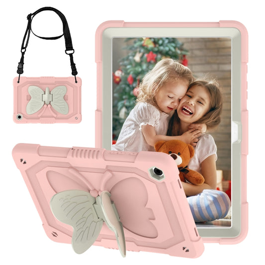 For Samsung Galaxy Tab A9+ Butterfly Kickstand Heavy Duty Hard Rugged Tablet Case(Beige+Rose Pink) - Galaxy Tab A9+ by buy2fix | Online Shopping UK | buy2fix