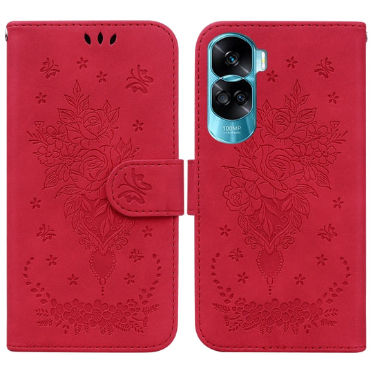 For Honor 90 Lite Butterfly Rose Embossed Leather Phone Case(Red)