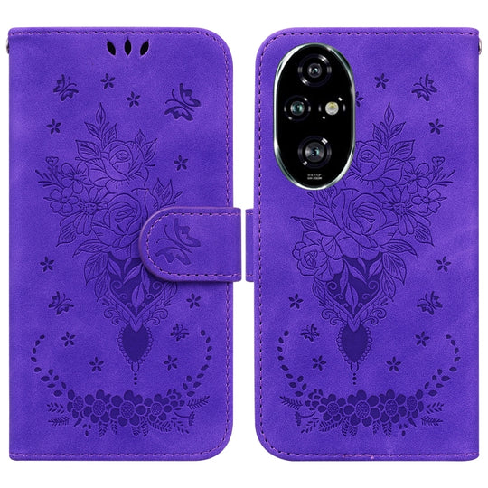 For Honor 200 Pro Butterfly Rose Embossed Leather Phone Case(Purple)