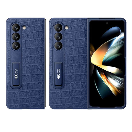 For Samsung Galaxy Z Fold5 HBC-209 Crocodile Texture Folding Phone Case with Stand(Blue)
