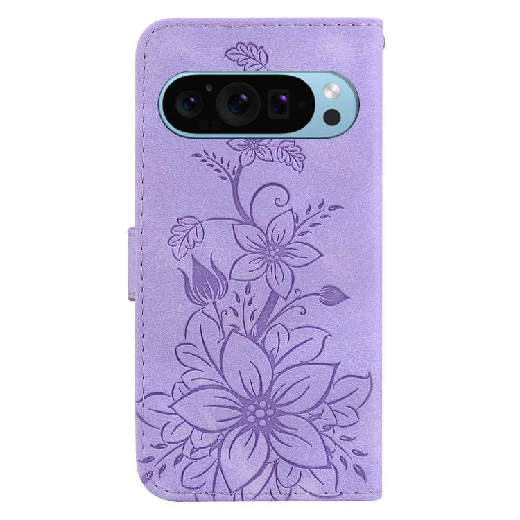 For Google Pixel 9 Pro Lily Embossed Leather Phone Case(Purple) by buy2fix