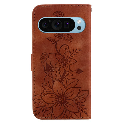 For Google Pixel 9 Pro Lily Embossed Leather Phone Case(Brown) by buy2fix