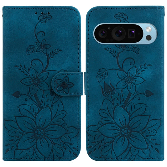 For Google Pixel 9 Pro Lily Embossed Leather Phone Case(Dark Blue) by buy2fix
