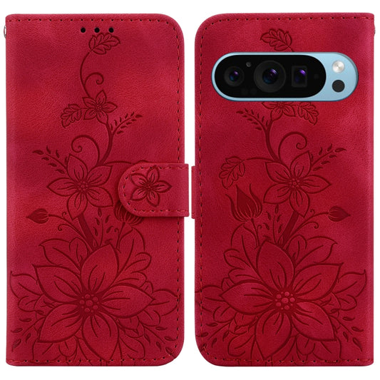 For Google Pixel 9 Pro Lily Embossed Leather Phone Case(Red) by buy2fix