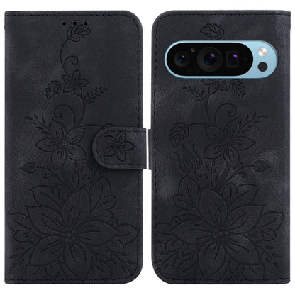 For Google Pixel 9 Pro Lily Embossed Leather Phone Case(Black) by buy2fix