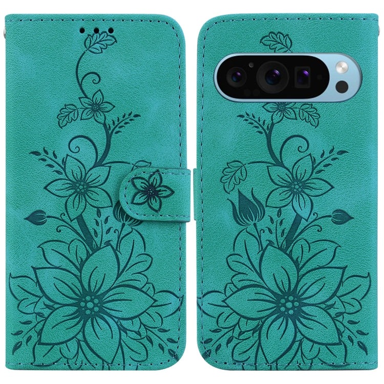 For Google Pixel 9 Lily Embossed Leather Phone Case(Green) by buy2fix
