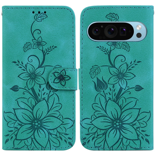 For Google Pixel 9 Lily Embossed Leather Phone Case(Green) by buy2fix