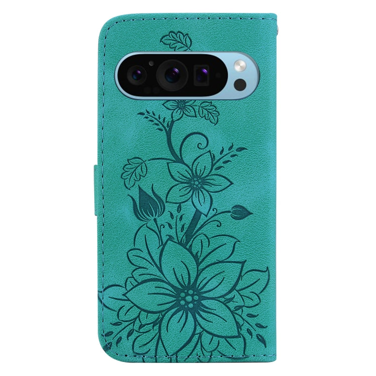 For Google Pixel 9 Lily Embossed Leather Phone Case(Green) by buy2fix