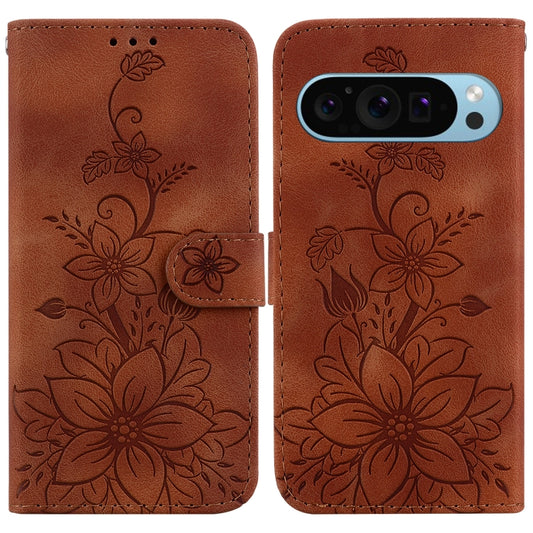 For Google Pixel 9 Lily Embossed Leather Phone Case(Brown) by buy2fix