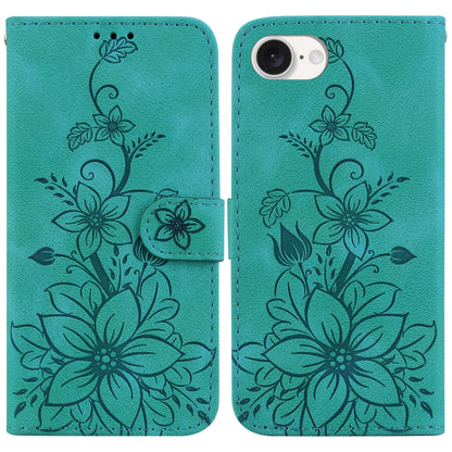 For iPhone 16e Lily Embossed Leather Phone Case(Green) by buy2fix