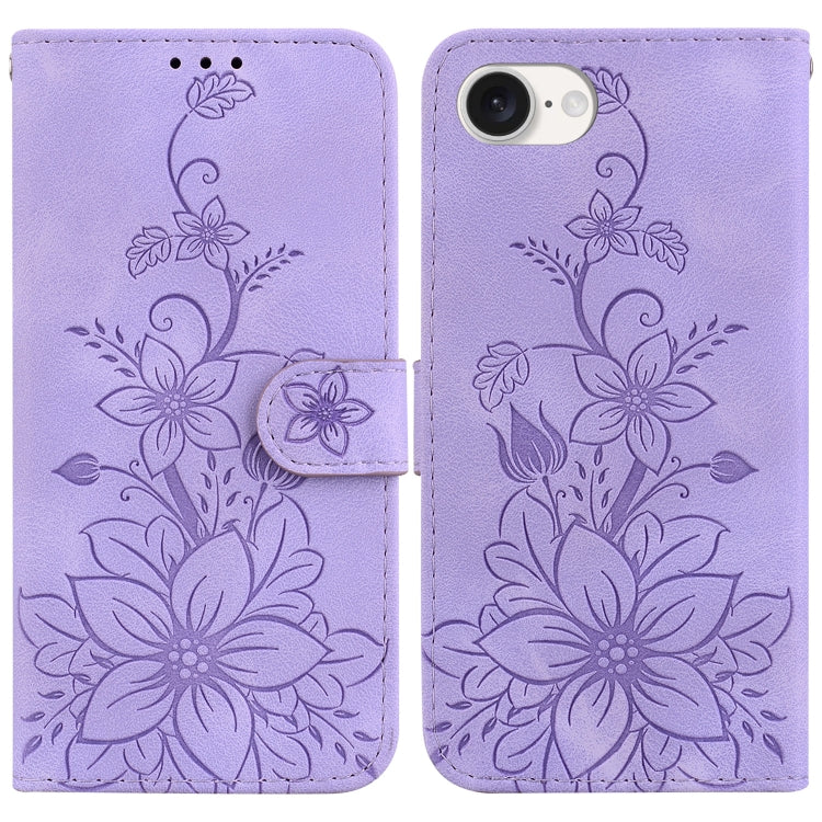 For iPhone 16e Lily Embossed Leather Phone Case(Purple) by buy2fix