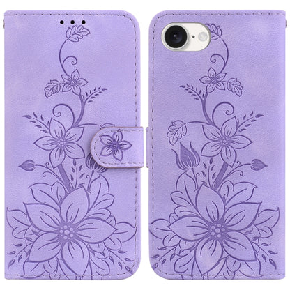 For iPhone 16e Lily Embossed Leather Phone Case(Purple) by buy2fix