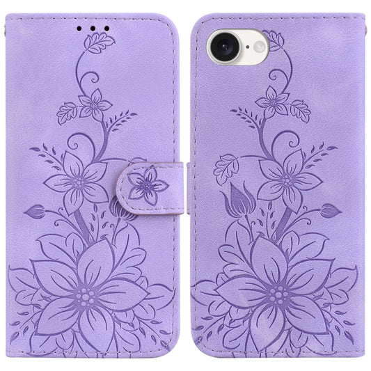 For iPhone 16e Lily Embossed Leather Phone Case(Purple) by buy2fix