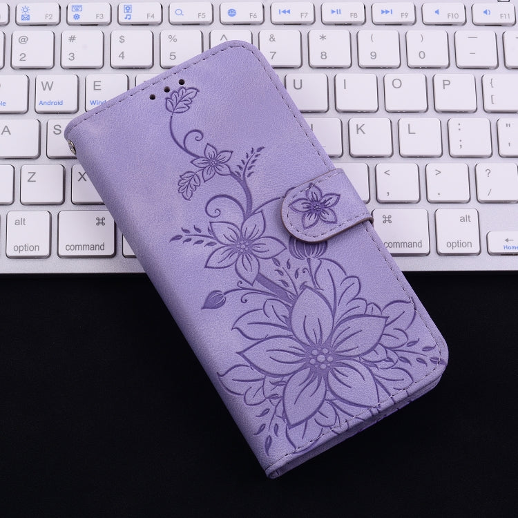 For iPhone 16e Lily Embossed Leather Phone Case(Purple) by buy2fix