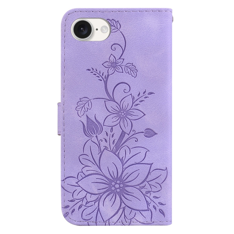 For iPhone 16e Lily Embossed Leather Phone Case(Purple) by buy2fix