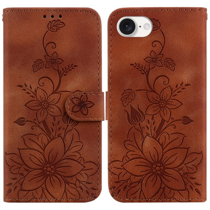 For iPhone 16e Lily Embossed Leather Phone Case(Brown) by buy2fix