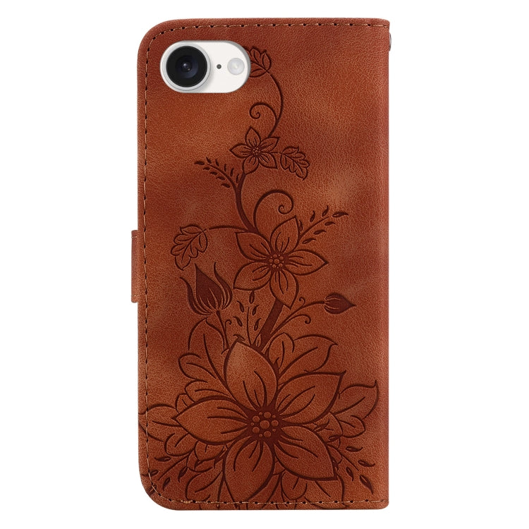 For iPhone 16e Lily Embossed Leather Phone Case(Brown) by buy2fix