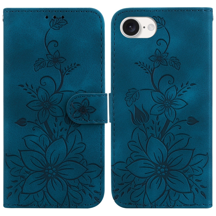 For iPhone 16e Lily Embossed Leather Phone Case(Dark Blue) by buy2fix