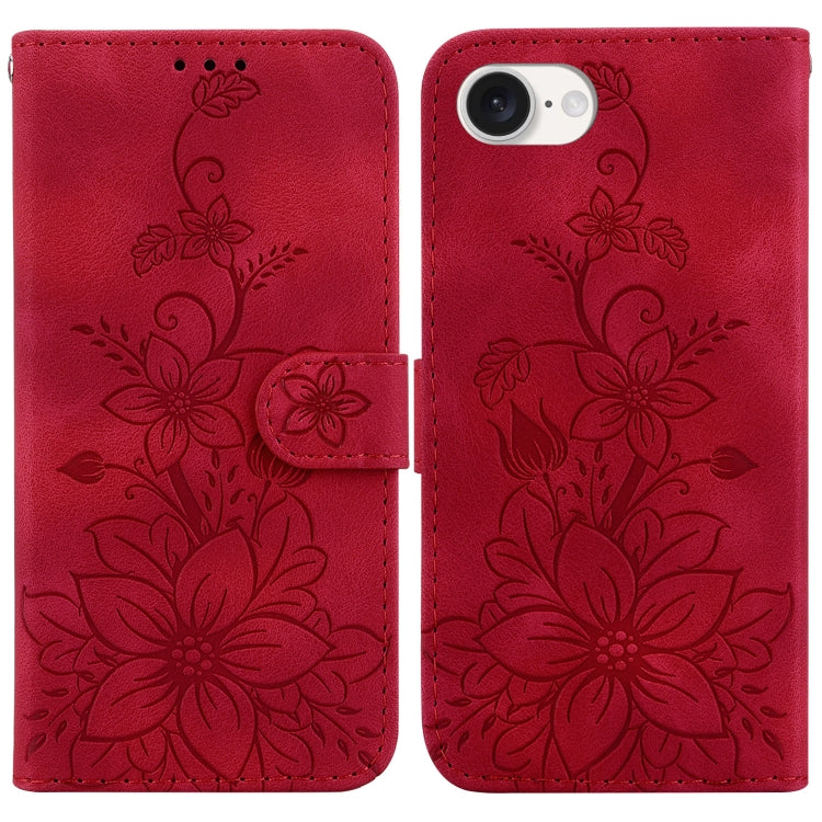 For iPhone 16e Lily Embossed Leather Phone Case(Red) by buy2fix