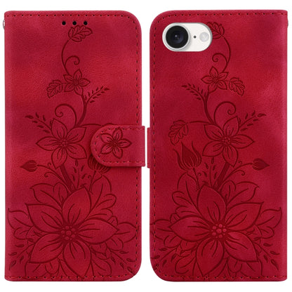 For iPhone 16e Lily Embossed Leather Phone Case(Red) by buy2fix