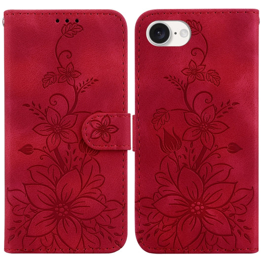 For iPhone 16e Lily Embossed Leather Phone Case(Red) by buy2fix