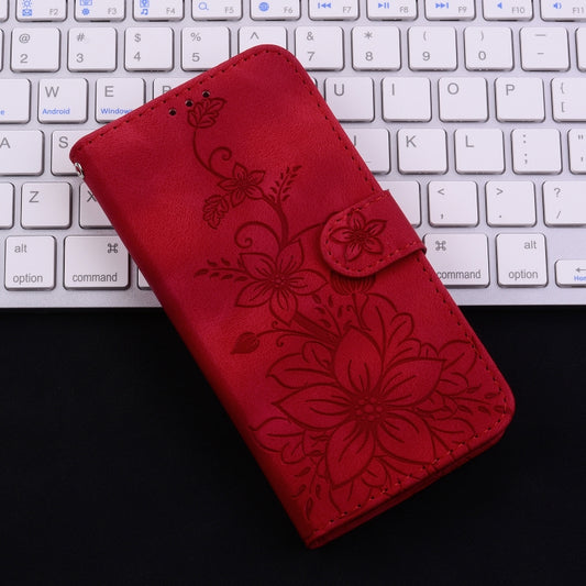 For iPhone 16e Lily Embossed Leather Phone Case(Red) by buy2fix