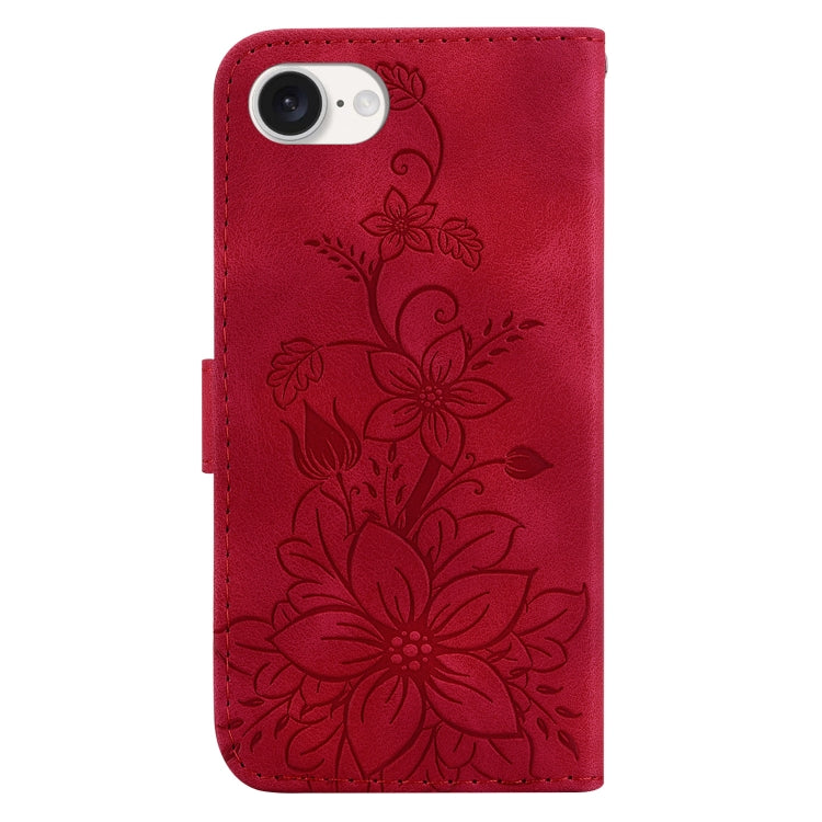 For iPhone 16e Lily Embossed Leather Phone Case(Red) by buy2fix