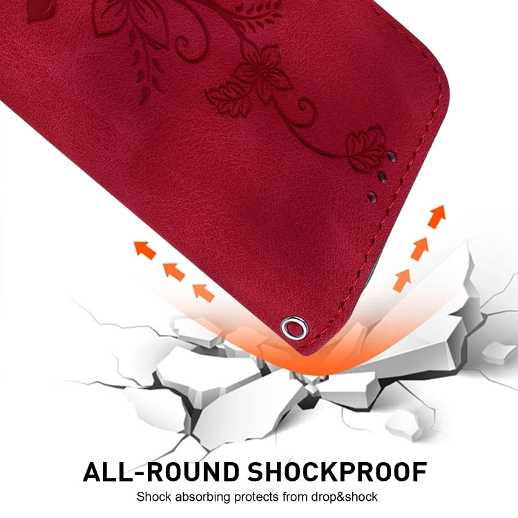 For iPhone 16e Lily Embossed Leather Phone Case(Red) by buy2fix