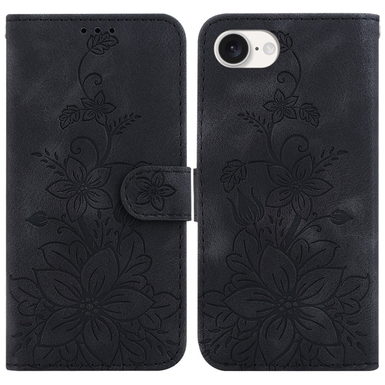 For iPhone 16e Lily Embossed Leather Phone Case(Black) by buy2fix