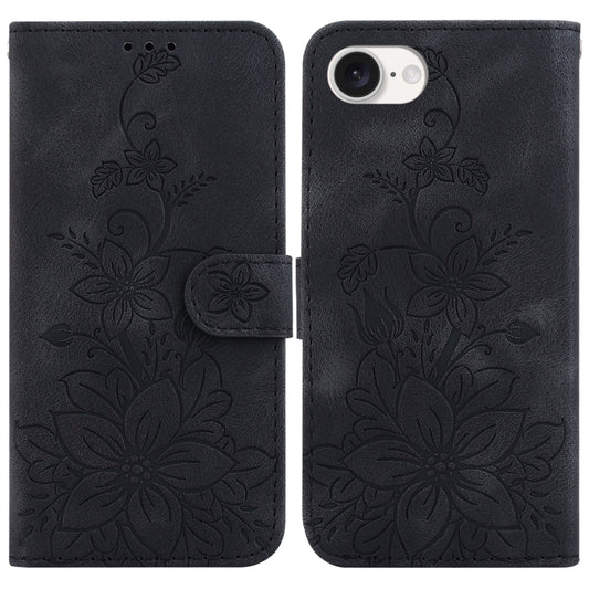 For iPhone 16e Lily Embossed Leather Phone Case(Black) by buy2fix