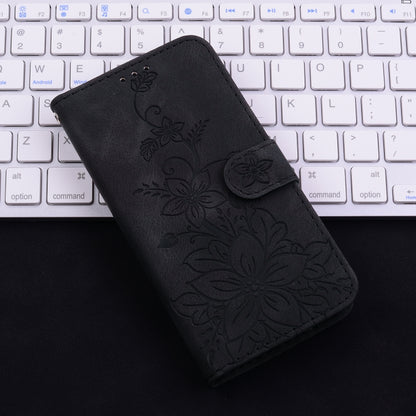 For iPhone 16e Lily Embossed Leather Phone Case(Black) by buy2fix