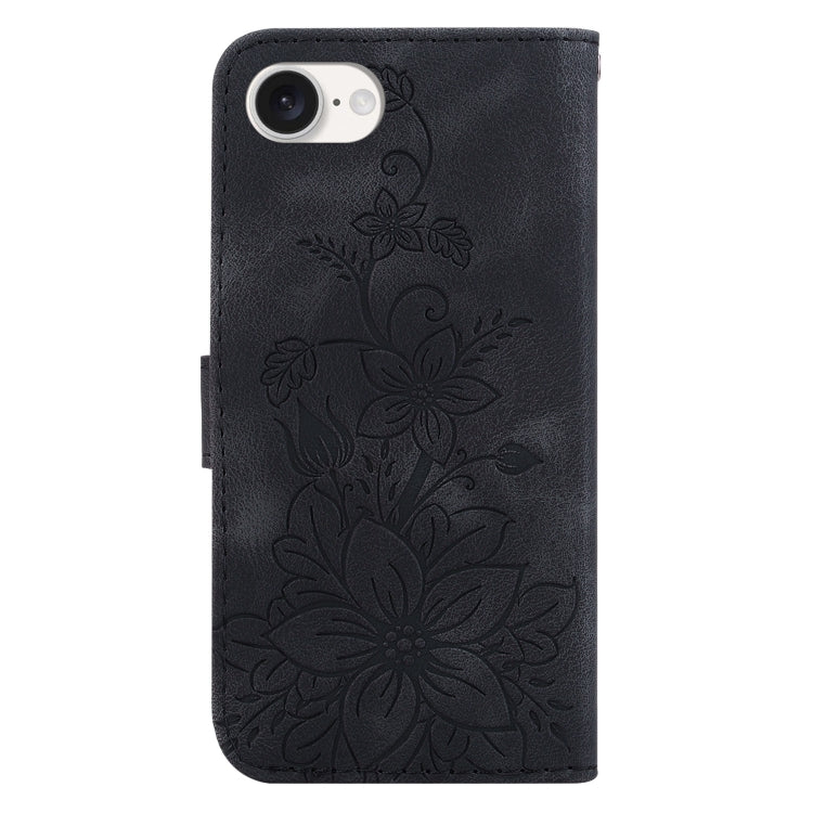 For iPhone 16e Lily Embossed Leather Phone Case(Black) by buy2fix