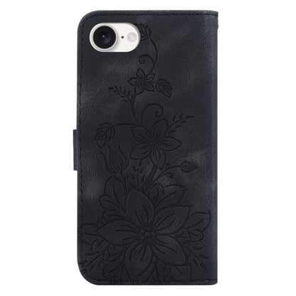 For iPhone 16e Lily Embossed Leather Phone Case(Black) by buy2fix