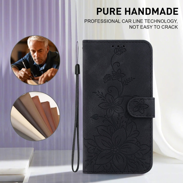 For iPhone 16e Lily Embossed Leather Phone Case(Black) by buy2fix