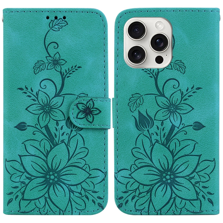 For iPhone 16 Pro Max Lily Embossed Leather Phone Case(Green) by buy2fix