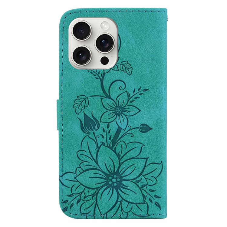 For iPhone 16 Pro Max Lily Embossed Leather Phone Case(Green) by buy2fix