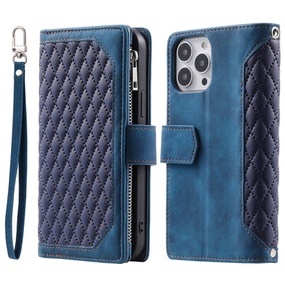 For iPhone 16 Pro Max Grid Texture Zipper Leather Phone Case with Lanyard(Blue) by buy2fix