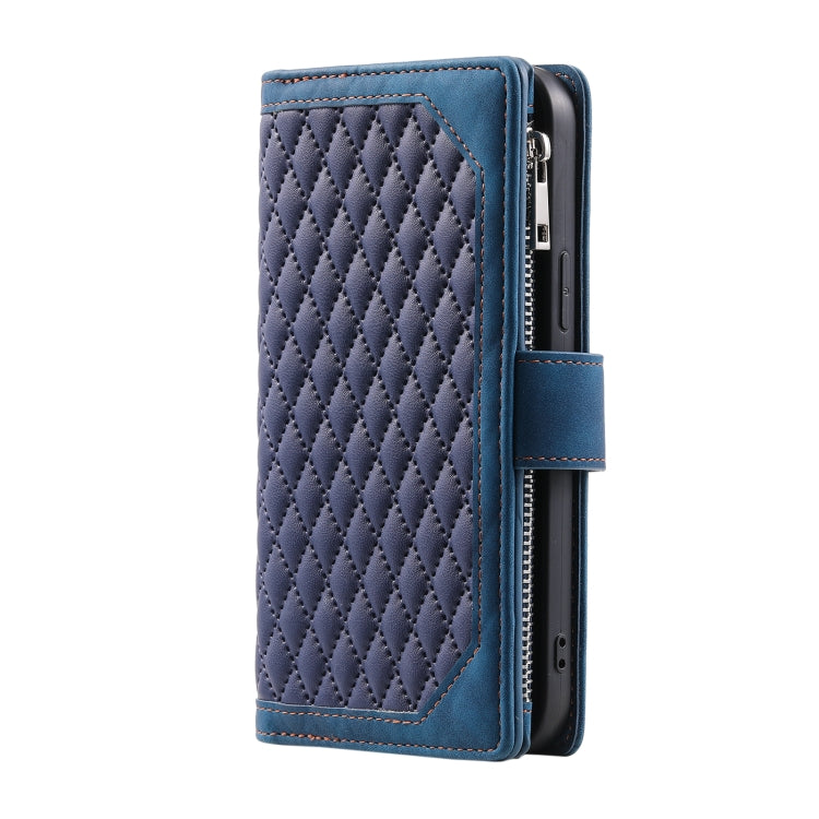 For iPhone 16 Pro Max Grid Texture Zipper Leather Phone Case with Lanyard(Blue) by buy2fix